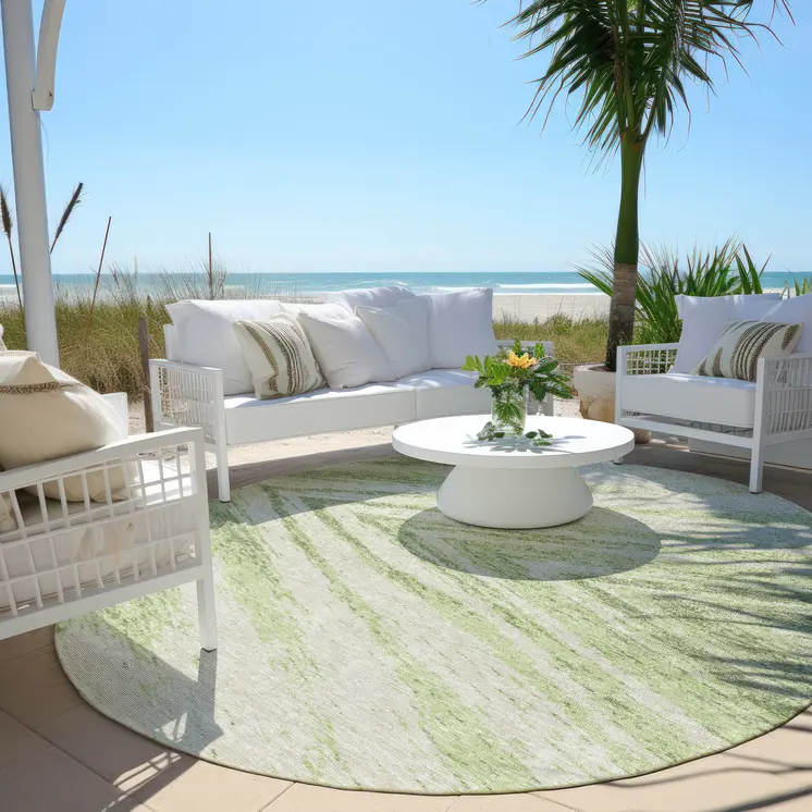 8' Artichoke Green And Gray Round Abstract Washable Indoor Outdoor Area Rug