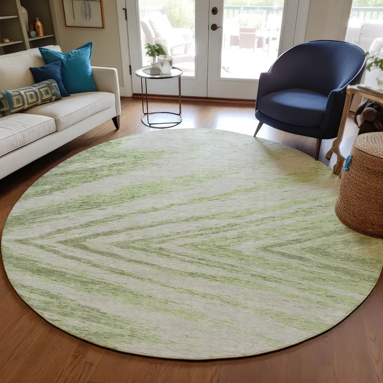 8' Artichoke Green And Gray Round Abstract Washable Indoor Outdoor Area Rug