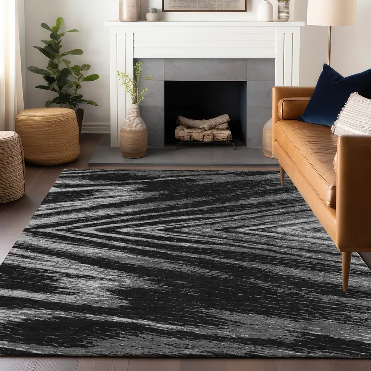 3' X 5' Black And Gray Abstract Washable Indoor Outdoor Area Rug