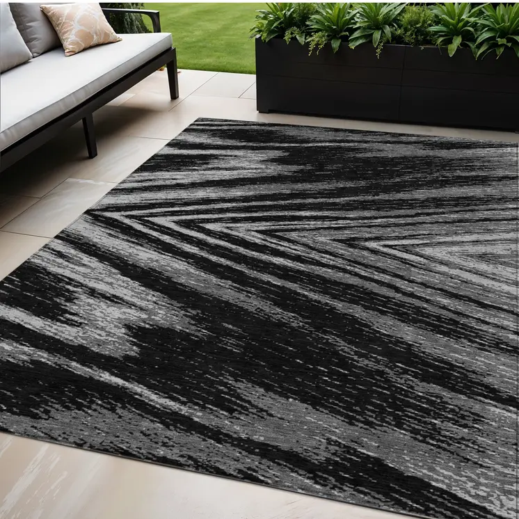 5' X 8' Black And Gray Abstract Washable Indoor Outdoor Area Rug