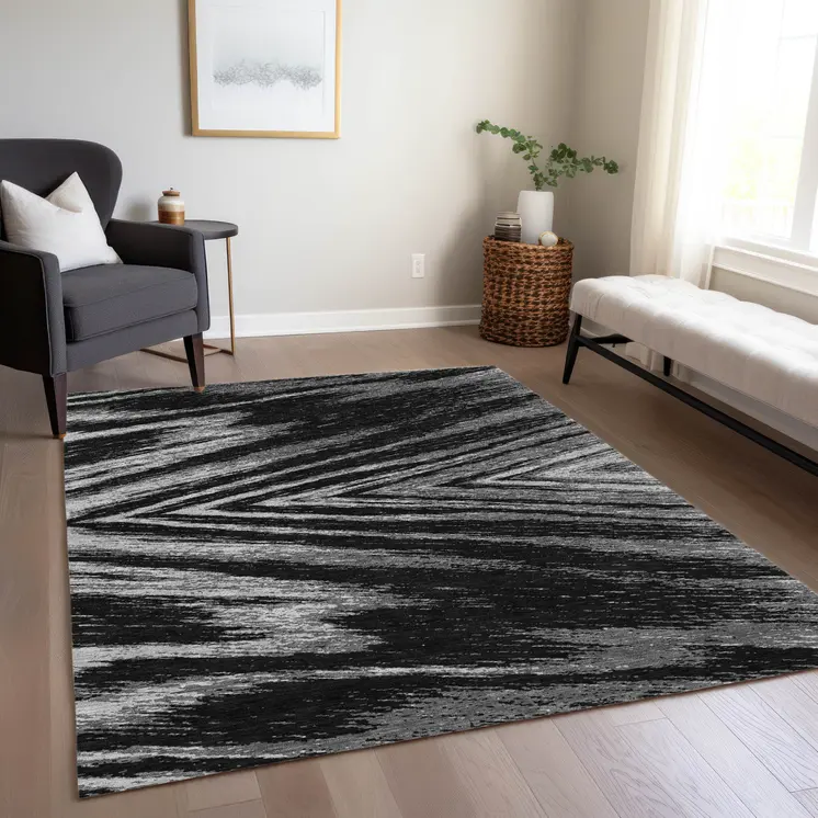 5' X 8' Black And Gray Abstract Washable Indoor Outdoor Area Rug