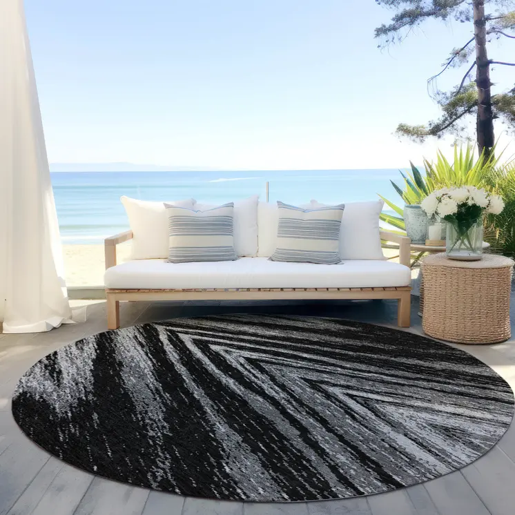 8' Black And Gray Round Abstract Washable Indoor Outdoor Area Rug