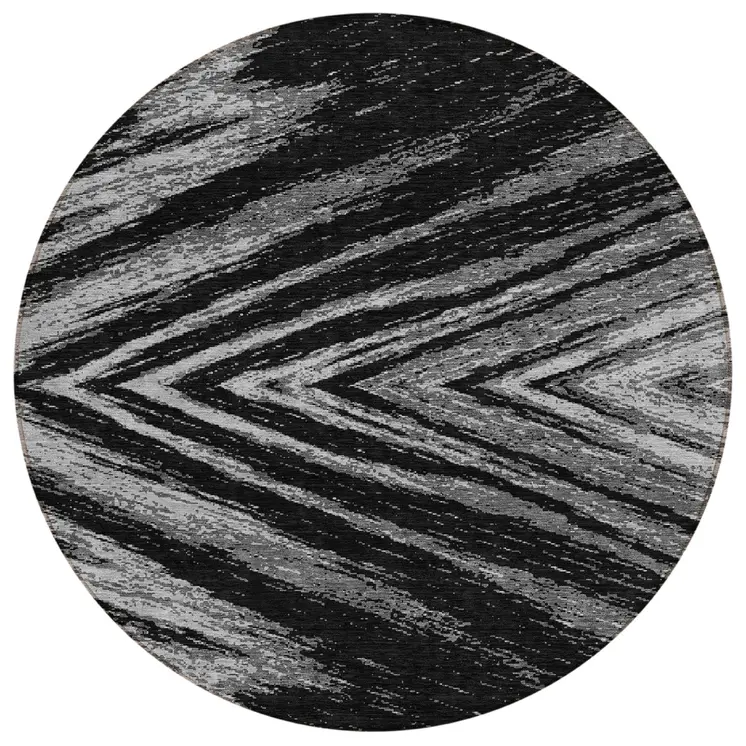 8' Black And Gray Round Abstract Washable Indoor Outdoor Area Rug