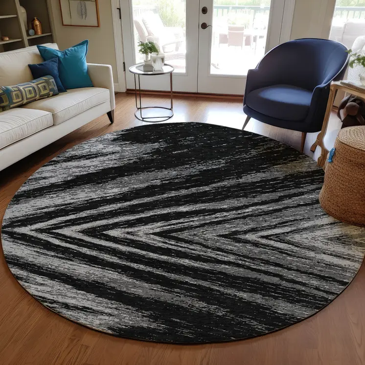 8' Black And Gray Round Abstract Washable Indoor Outdoor Area Rug