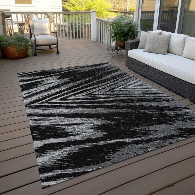 8' X 10' Black And Gray Abstract Washable Indoor Outdoor Area Rug