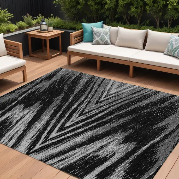 9' X 12' Black And Gray Abstract Washable Indoor Outdoor Area Rug