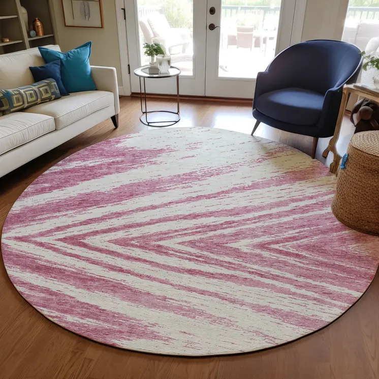 8' Blush And Ivory Round Abstract Washable Indoor Outdoor Area Rug