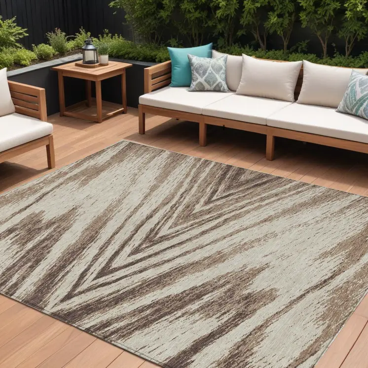 10' X 14' Brown And Beige Abstract Washable Indoor Outdoor Area Rug