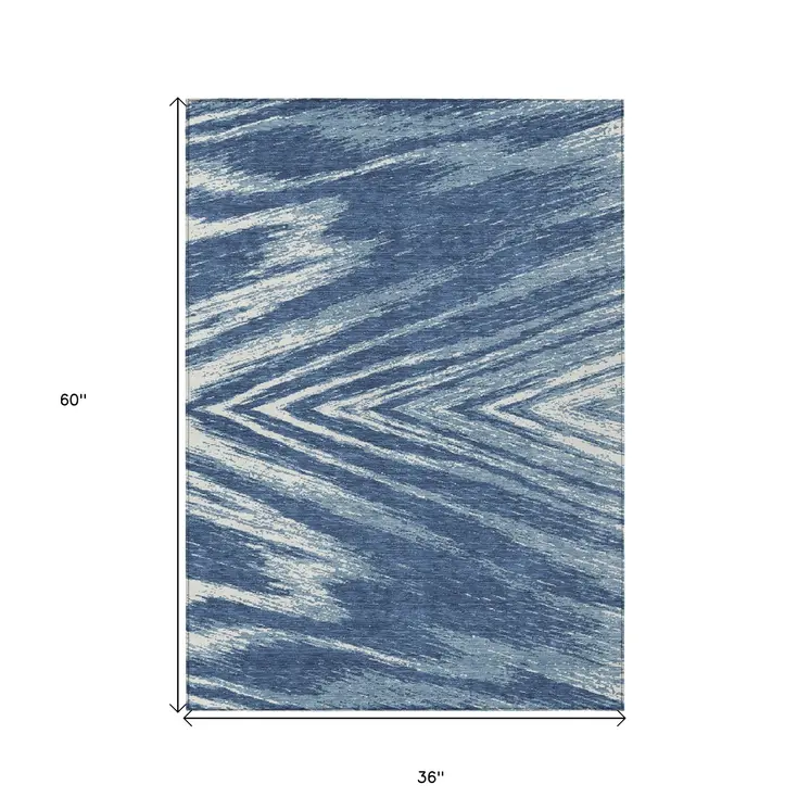 3' X 5' Blue And Ivory Abstract Washable Indoor Outdoor Area Rug