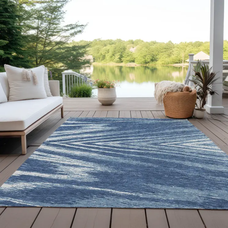 3' X 5' Blue And Ivory Abstract Washable Indoor Outdoor Area Rug