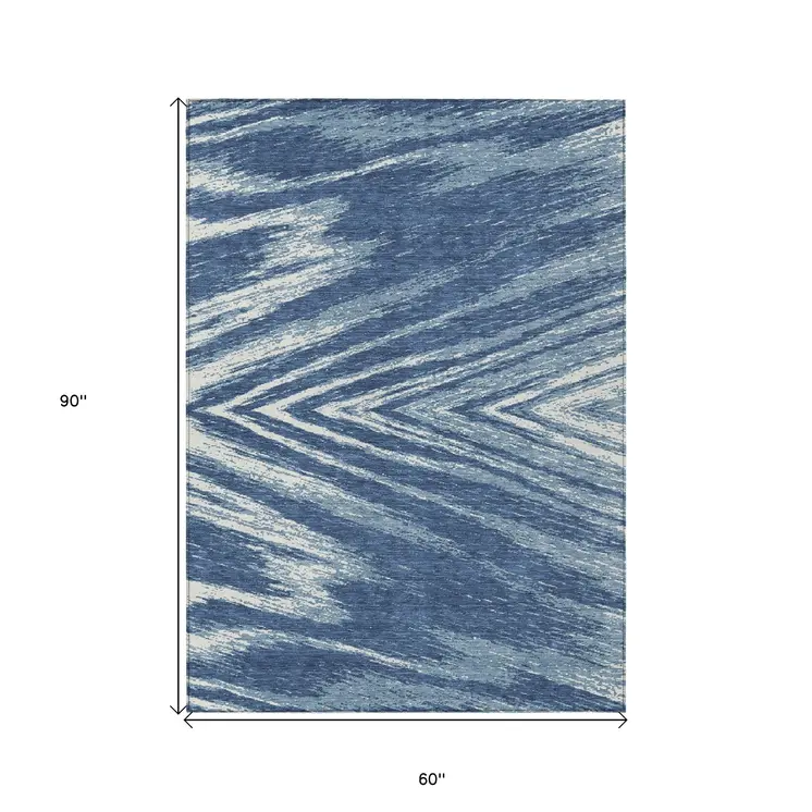 5' X 8' Blue And Ivory Abstract Washable Indoor Outdoor Area Rug