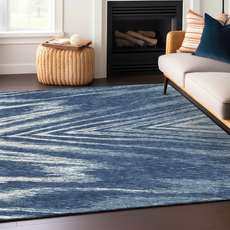 5' X 8' Blue And Ivory Abstract Washable Indoor Outdoor Area Rug