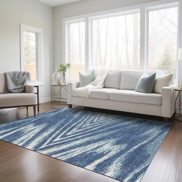 5' X 8' Blue And Ivory Abstract Washable Indoor Outdoor Area Rug