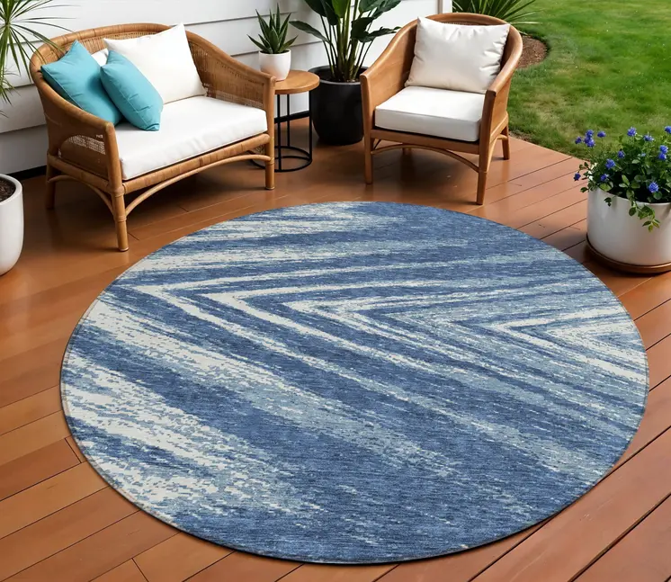 8' Blue And Ivory Round Abstract Washable Indoor Outdoor Area Rug