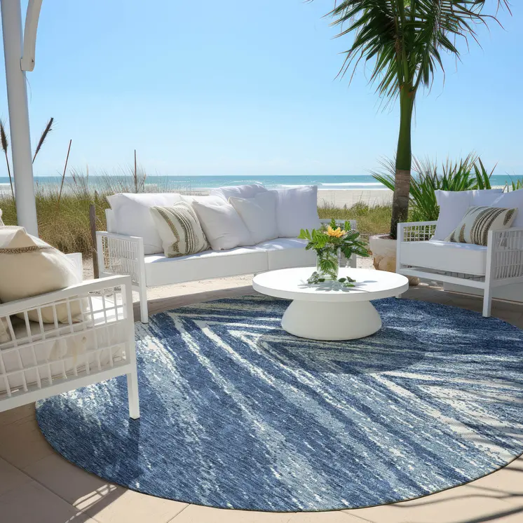 8' Blue And Ivory Round Abstract Washable Indoor Outdoor Area Rug