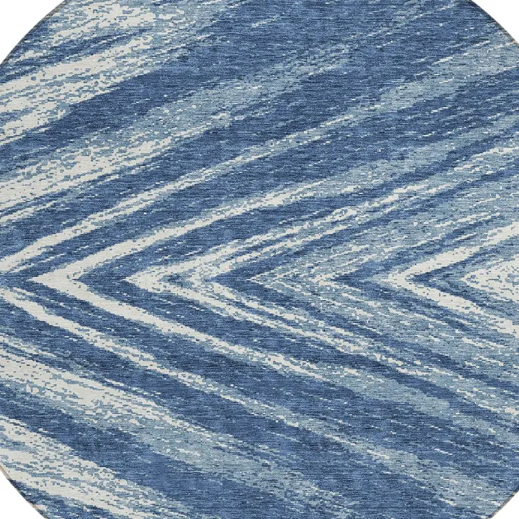 8' Blue And Ivory Round Abstract Washable Indoor Outdoor Area Rug