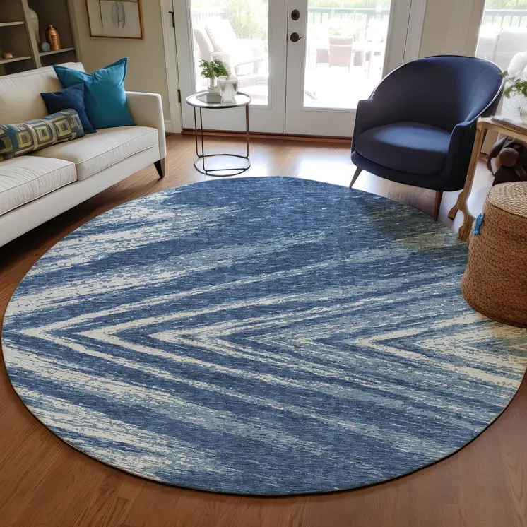 8' Blue And Ivory Round Abstract Washable Indoor Outdoor Area Rug