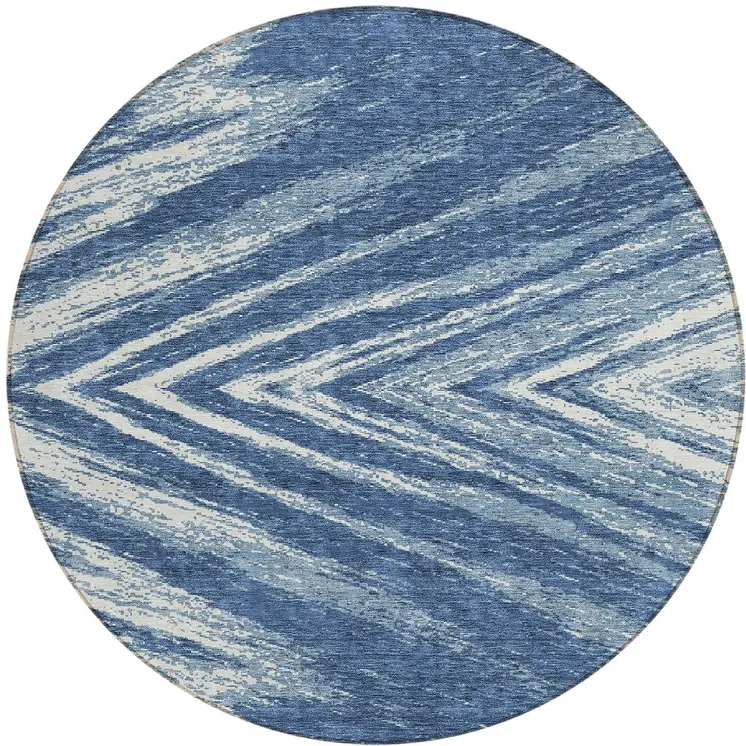 8' Blue And Ivory Round Abstract Washable Indoor Outdoor Area Rug