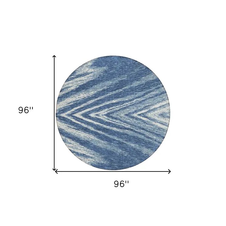 8' Blue And Ivory Round Abstract Washable Indoor Outdoor Area Rug