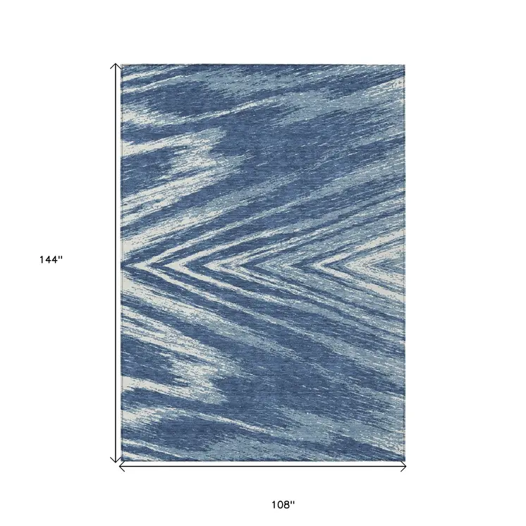 9' X 12' Blue And Ivory Abstract Washable Indoor Outdoor Area Rug