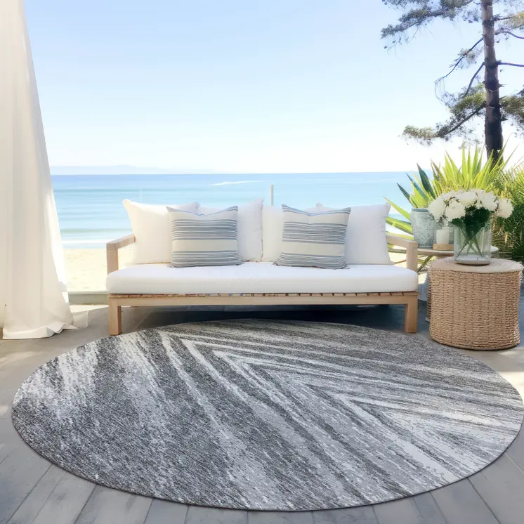 8' Gray And Ivory Round Abstract Washable Indoor Outdoor Area Rug