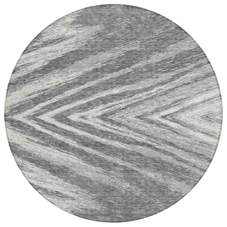 8' Gray And Ivory Round Abstract Washable Indoor Outdoor Area Rug