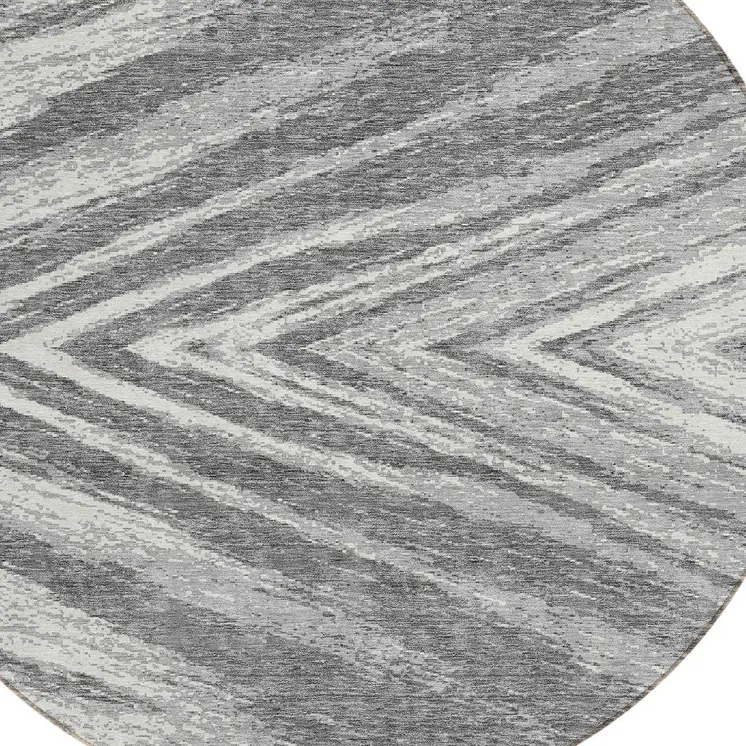 8' Gray And Ivory Round Abstract Washable Indoor Outdoor Area Rug