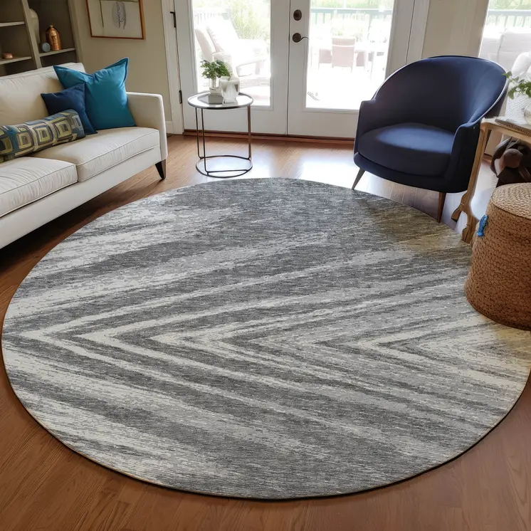 8' Gray And Ivory Round Abstract Washable Indoor Outdoor Area Rug