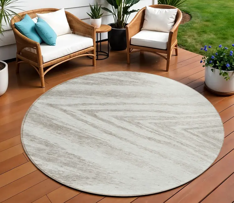 8' Ivory And Beige Round Abstract Washable Indoor Outdoor Area Rug