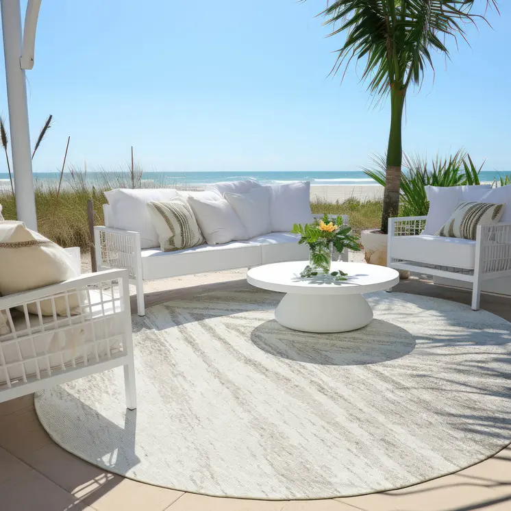 8' Ivory And Beige Round Abstract Washable Indoor Outdoor Area Rug