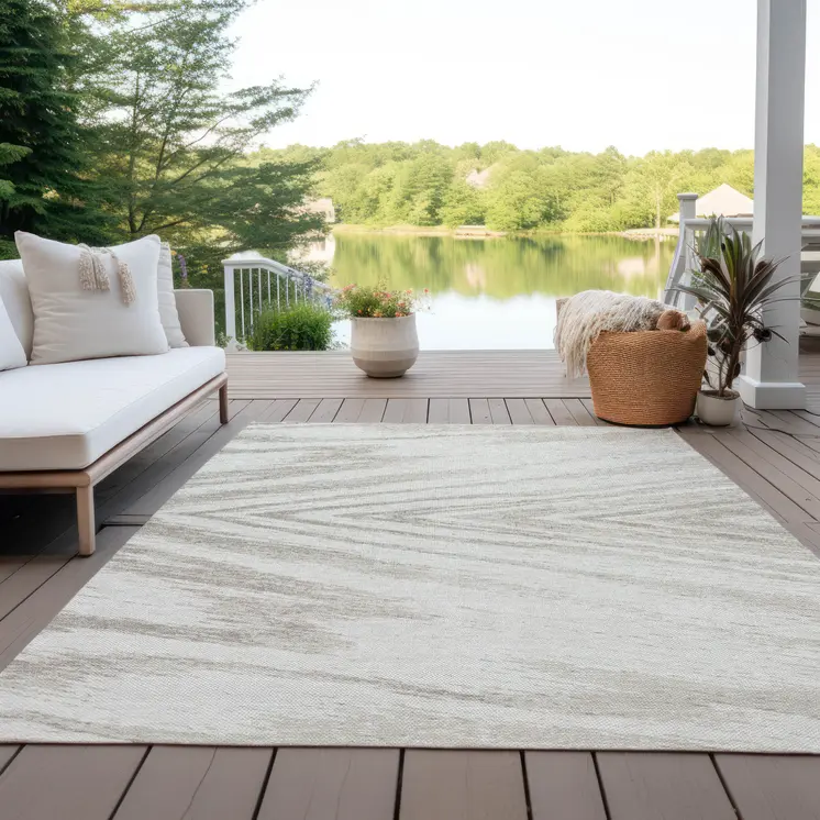 8' X 10' Ivory And Beige Abstract Washable Indoor Outdoor Area Rug