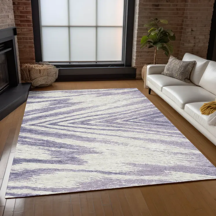 5' X 8' Lavender And Ivory Abstract Washable Indoor Outdoor Area Rug