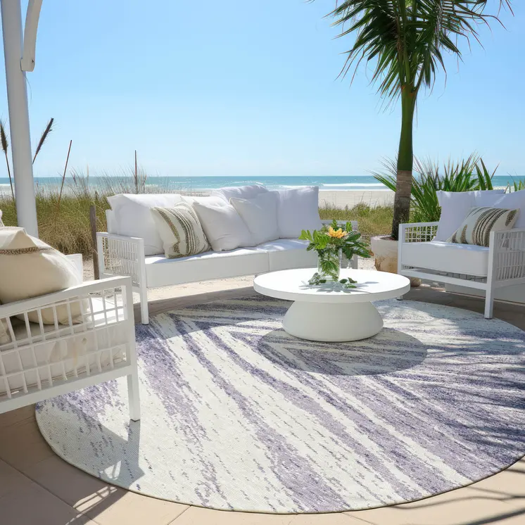 8' Lavender And Ivory Round Abstract Washable Indoor Outdoor Area Rug