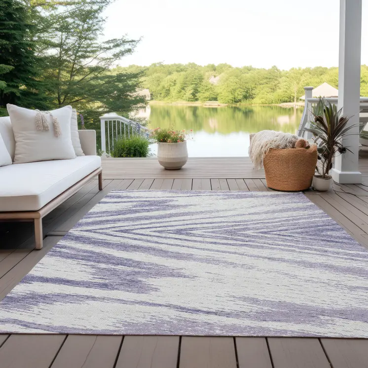 8' X 10' Lavender And Ivory Abstract Washable Indoor Outdoor Area Rug