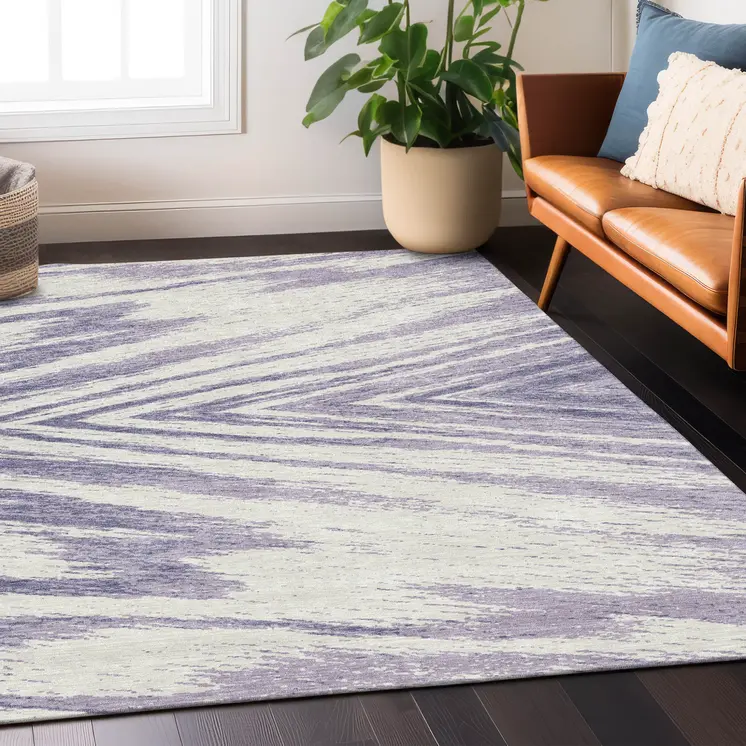 8' X 10' Lavender And Ivory Abstract Washable Indoor Outdoor Area Rug