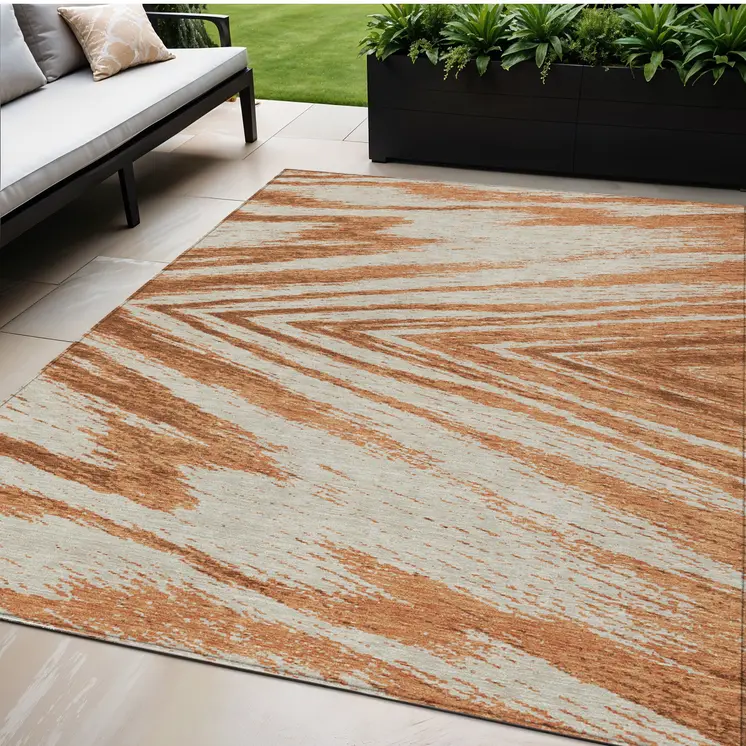 5' X 8' Orange Brown And Beige Abstract Washable Indoor Outdoor Area Rug
