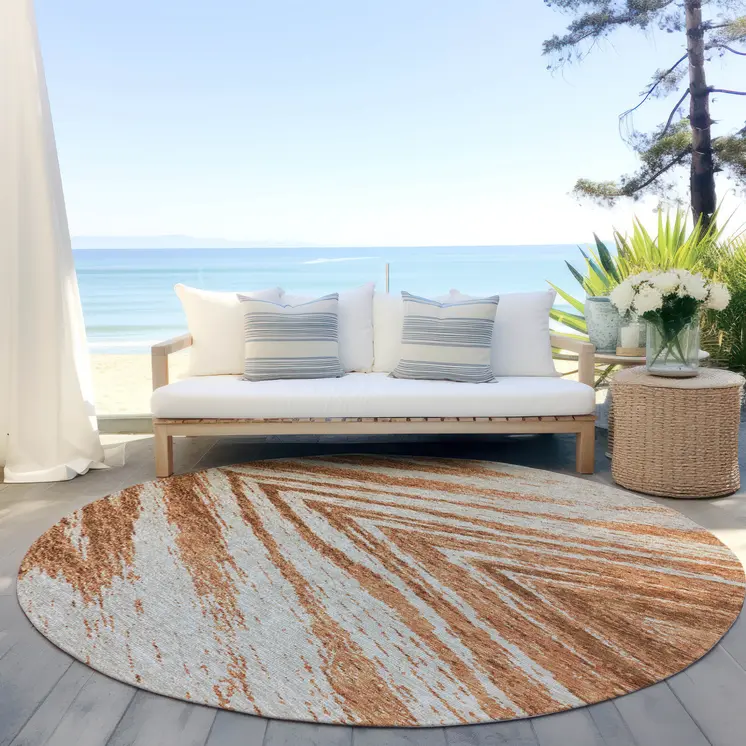 8' Orange Brown And Beige Round Abstract Washable Indoor Outdoor Area Rug