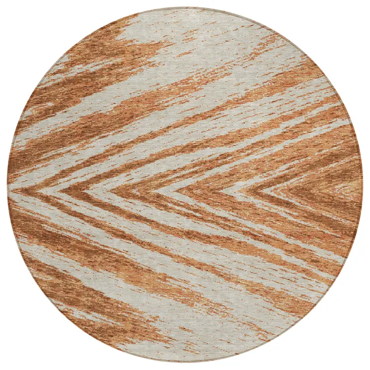 8' Orange Brown And Beige Round Abstract Washable Indoor Outdoor Area Rug