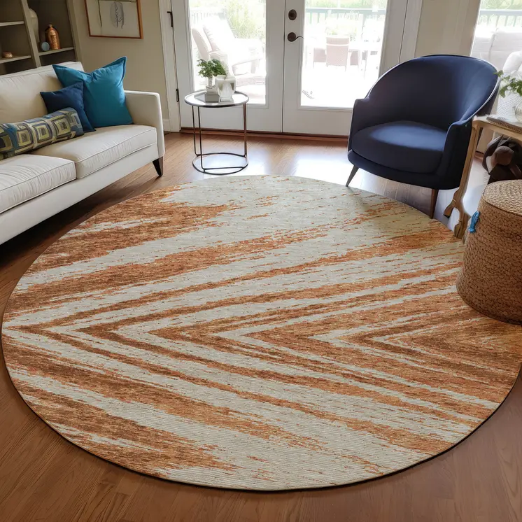 8' Orange Brown And Beige Round Abstract Washable Indoor Outdoor Area Rug