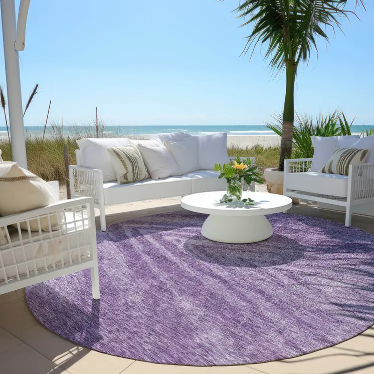 8' Purple And Ivory Round Abstract Washable Indoor Outdoor Area Rug