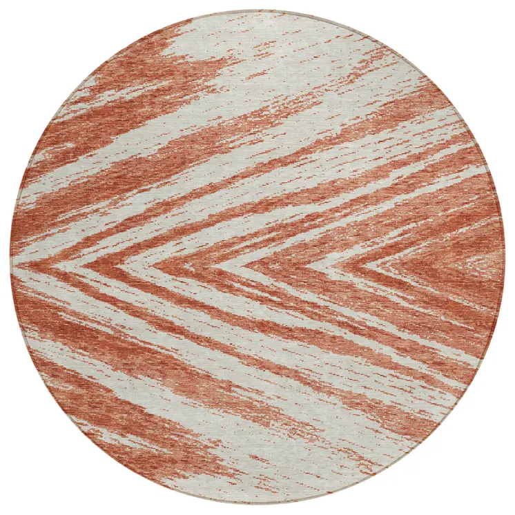 8' Salmon And Ivory Round Abstract Washable Indoor Outdoor Area Rug