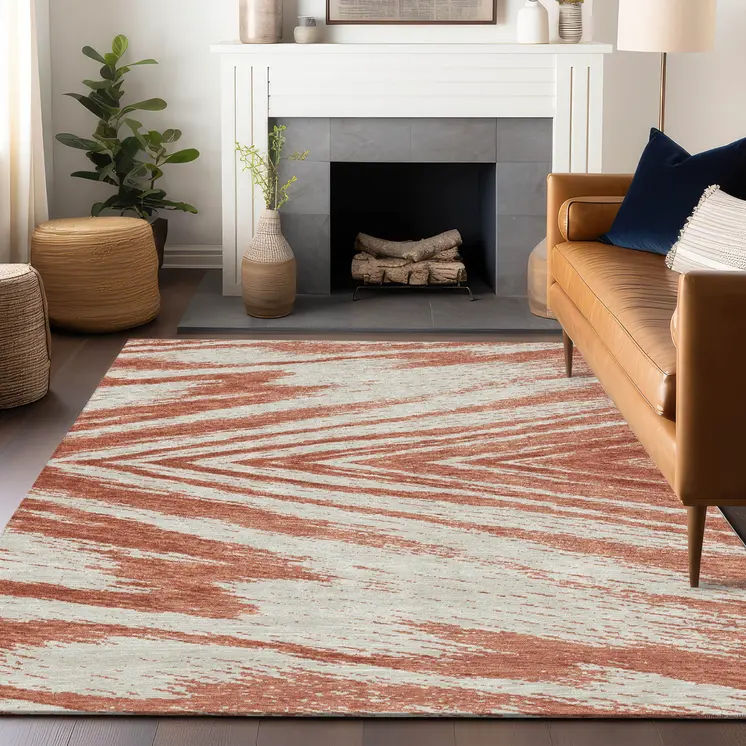 10' X 14' Salmon And Ivory Abstract Washable Indoor Outdoor Area Rug