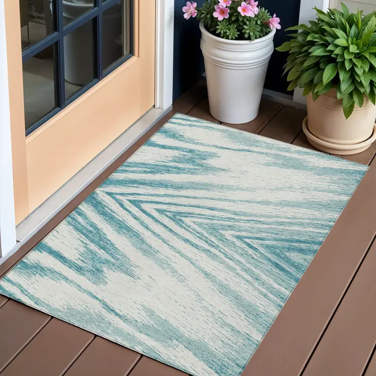 3' X 5' Teal Blue And Ivory Abstract Washable Indoor Outdoor Area Rug