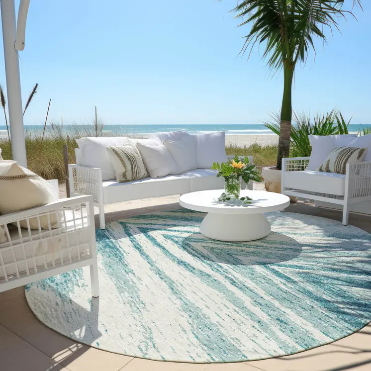 8' Teal Blue And Ivory Round Abstract Washable Indoor Outdoor Area Rug