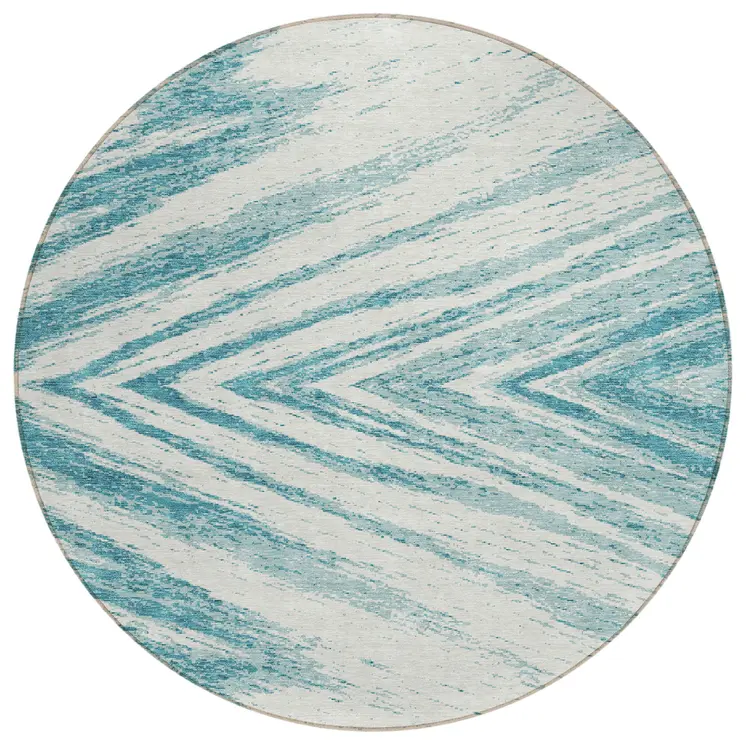 8' Teal Blue And Ivory Round Abstract Washable Indoor Outdoor Area Rug
