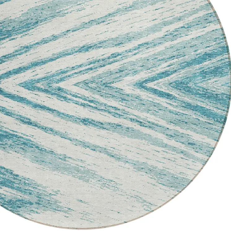 8' Teal Blue And Ivory Round Abstract Washable Indoor Outdoor Area Rug