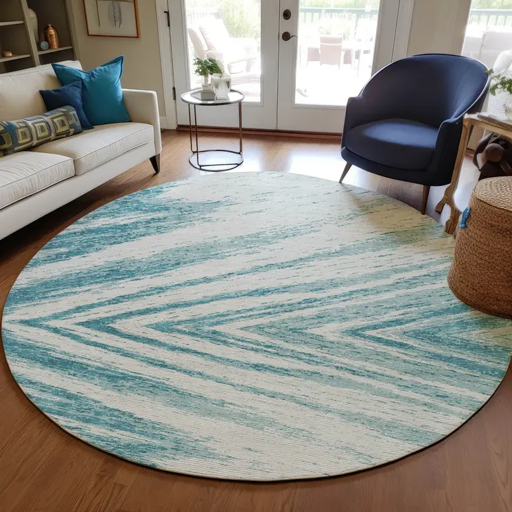 8' Teal Blue And Ivory Round Abstract Washable Indoor Outdoor Area Rug