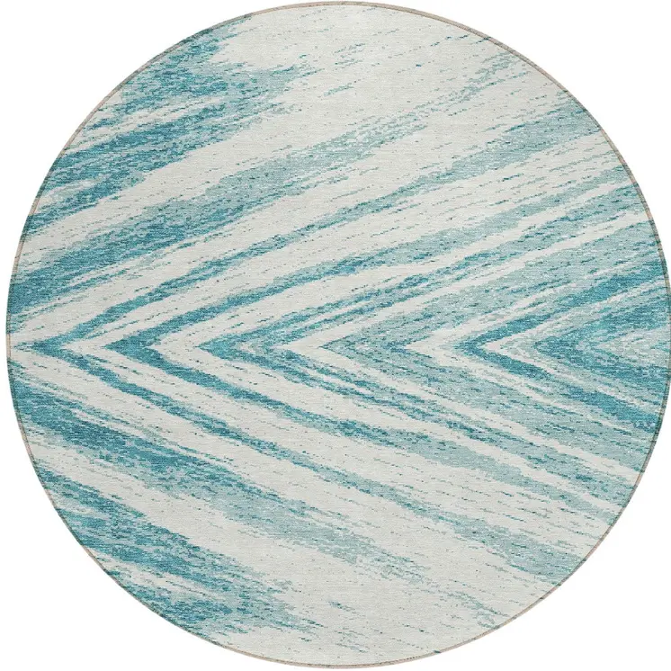 8' Teal Blue And Ivory Round Abstract Washable Indoor Outdoor Area Rug