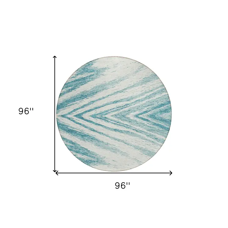 8' Teal Blue And Ivory Round Abstract Washable Indoor Outdoor Area Rug