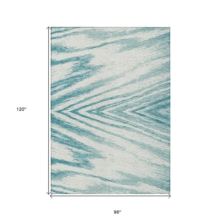8' X 10' Teal Blue And Ivory Abstract Washable Indoor Outdoor Area Rug